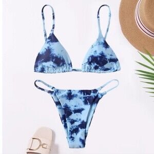 NWOT SHEIN Blue Navy Tie Dye String Bikini Set, Sz M